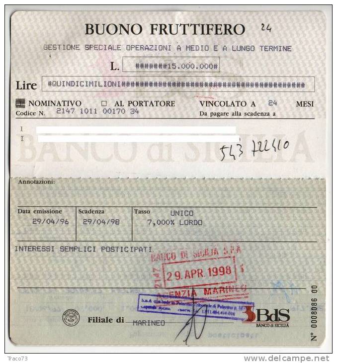 BANCO DI SICILIA - BUONO FRUTTIFERO  -  LIBRETTO - Banque & Assurance