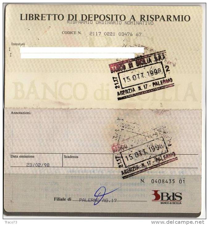 BANCO DI SICILIA -  LIBRETTO DI DEPOSITO A RISPARMIO - Banca & Assicurazione