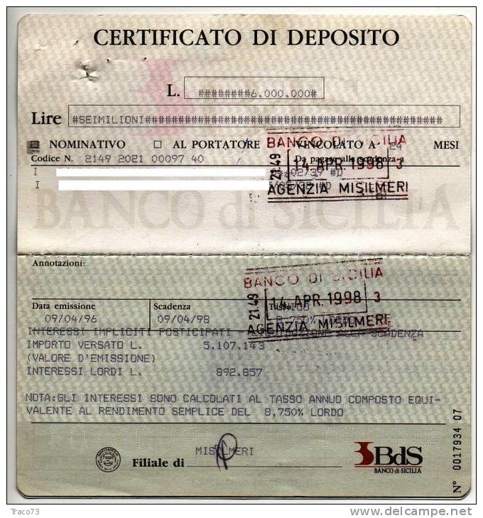 BANCO DI SICILIA - CERTIFICATO DI DEPOSITO - Banco & Caja De Ahorros