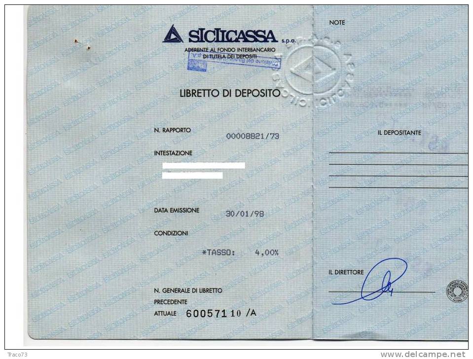 SICILCASSA S.P.A - DIVISIONE DEL BANCO DI SICILIA - LIBRETTO DI DEPOSITO - Banque & Assurance