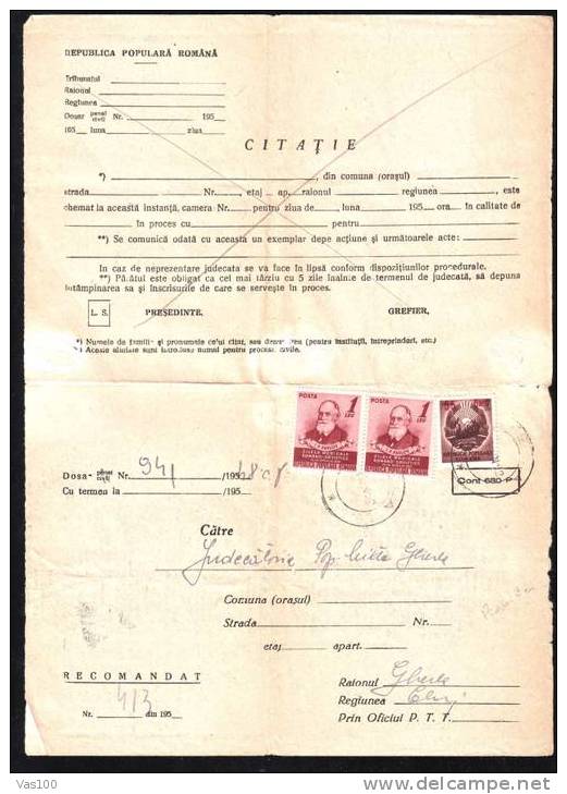"CITATIE" 1952 Document,Registred, Stamp Pair Pavlov, O/p Coat Of Arms,rare Combination Franking - Covers & Documents