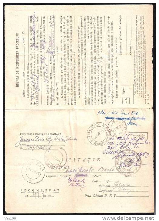 "CITATIE" 1952 Document,Registred, Stamp Pair Pavlov, O/p Coat Of Arms,rare Combination Franking - Covers & Documents