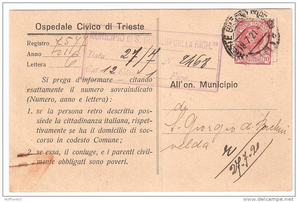 Italia 1921. OSPEDALE CIVICO DI TRIESTE - Ricevuta - Storia Postale