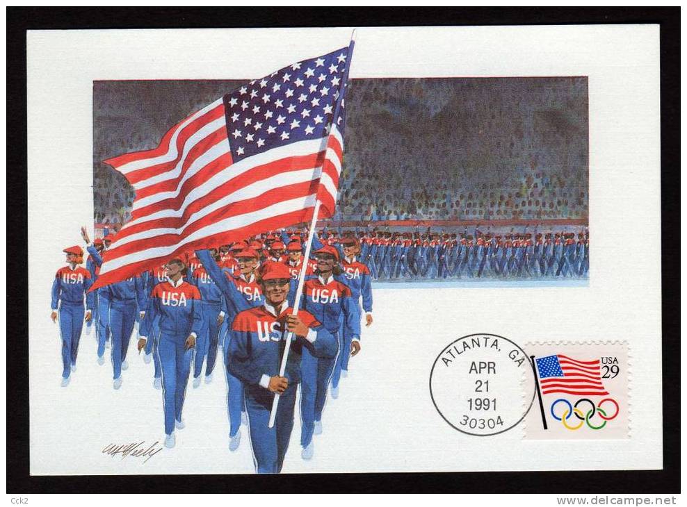 AMERICA MAXIMUM CARD- Flag With Olympic Rings - Cartas Máxima