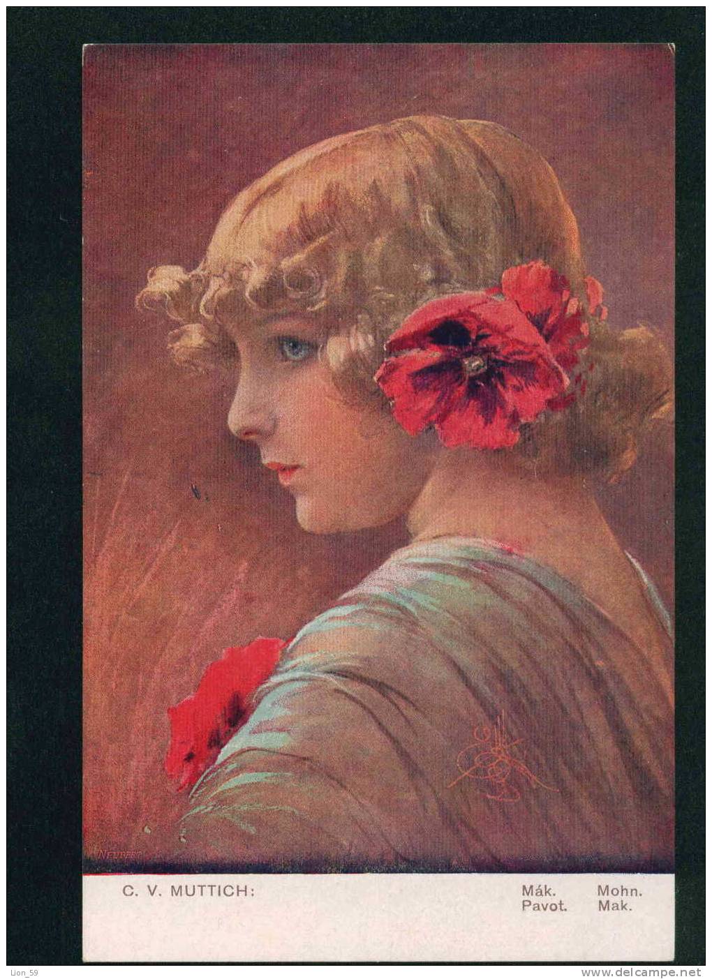 Czech Illustrator C.V.MUTICH - PORTRAIT JUNGE MÄDCHEN Mit Mohn  Pc Series - #  288-4 Publisher: KVKV / 31413 - Muttich, C.V.