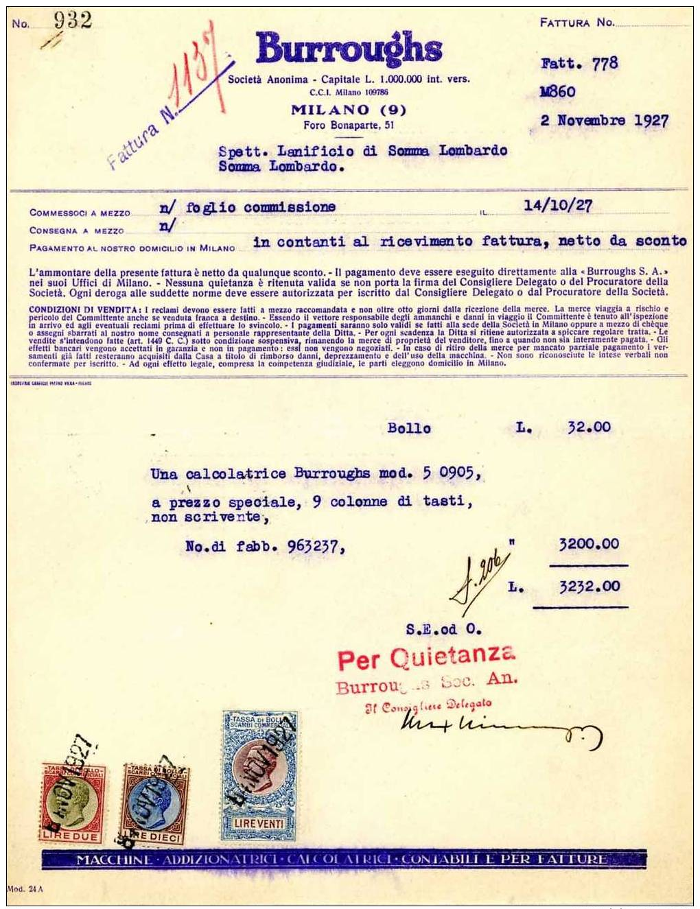 BURROUGHS - Milano - Fattura -  2 Novembre 1927 - Tre Marche Tassa Di Bollo Scambi Commerciali - Italia