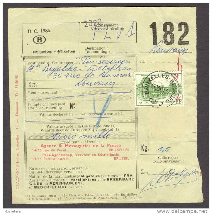 Belgium Railway Chemin De Fer Spoorwegen Document No. 182 Cancel Bruxelles Brussel 19/10/1961 24/20 F Postcolli (2scans) - Other & Unclassified