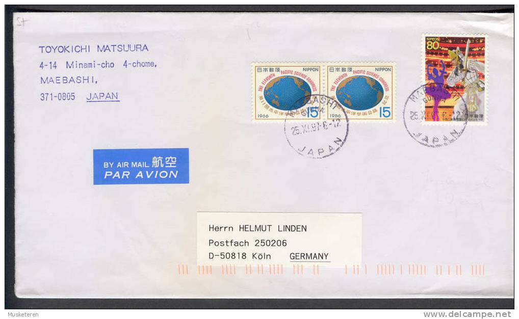 Japan Airmail Par Avion Label MAEBASHI Deluxe Cancel 1997 Cover To Köln Germany Pacific Science Congress - Poste Aérienne