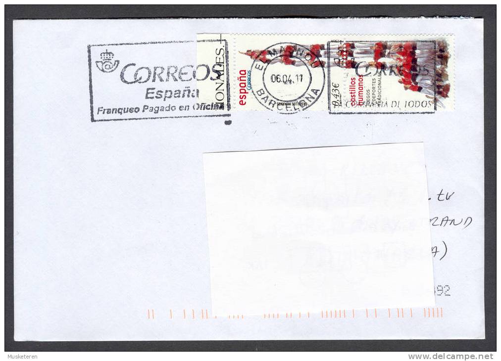 Spain NEW 2008 El Masnou Barcelona Deluxe Commercial Cancel Cover To Dinamarca Castillos Humanos Issue Vertical Pair - Covers & Documents