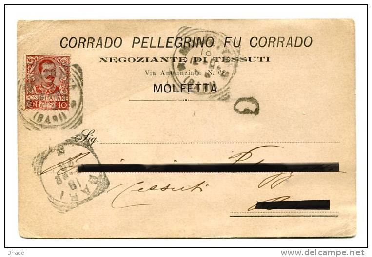 CARTOLINA FORMATO PICCOLO COMMERCIALE MOLFETTA ANNO 1902 BARI PUGLIA - Molfetta