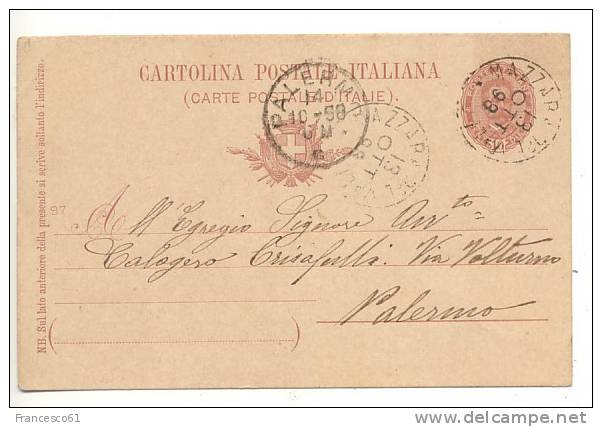 128) 1898 INTERO POSTALE 10c MAZARA DEL VALLO Annullo Cerchio Semplice X Palermo - Entiers Postaux