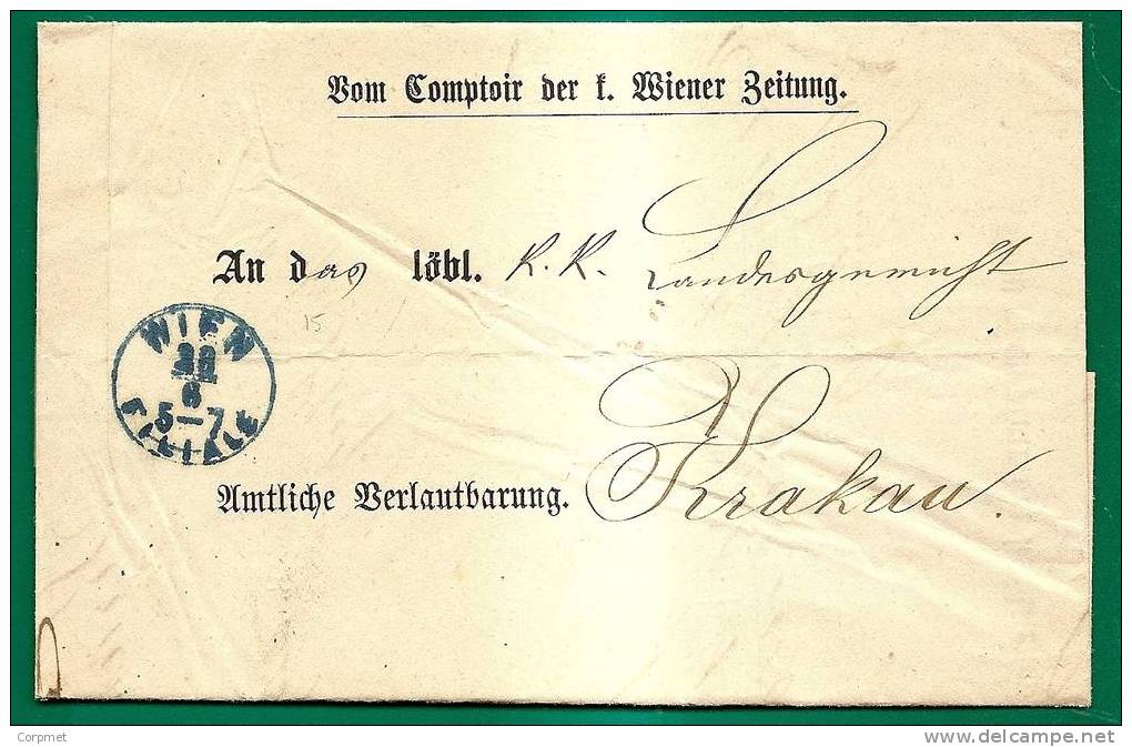 AUSTRIA - 1869 - Vom Comptoir Der K. Wiener Beitung - From WIEN To KRAKAU - ...-1850 Prefilatelia