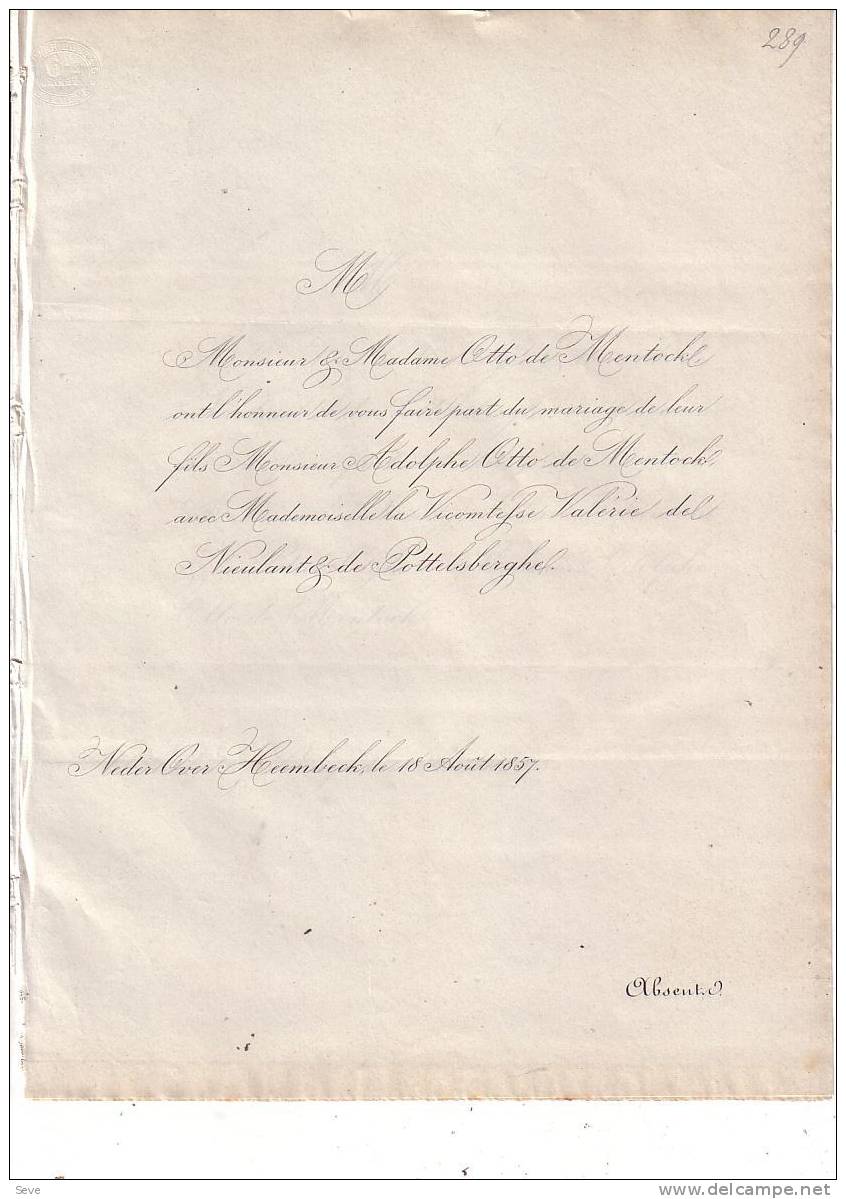 NEDER OVER HEMBEEK SINT-ANDRIES BRUGGE Mariage 1857 OTTO De MENTOCK Et De NIEULANT De POTTELSBERGHE - Other & Unclassified