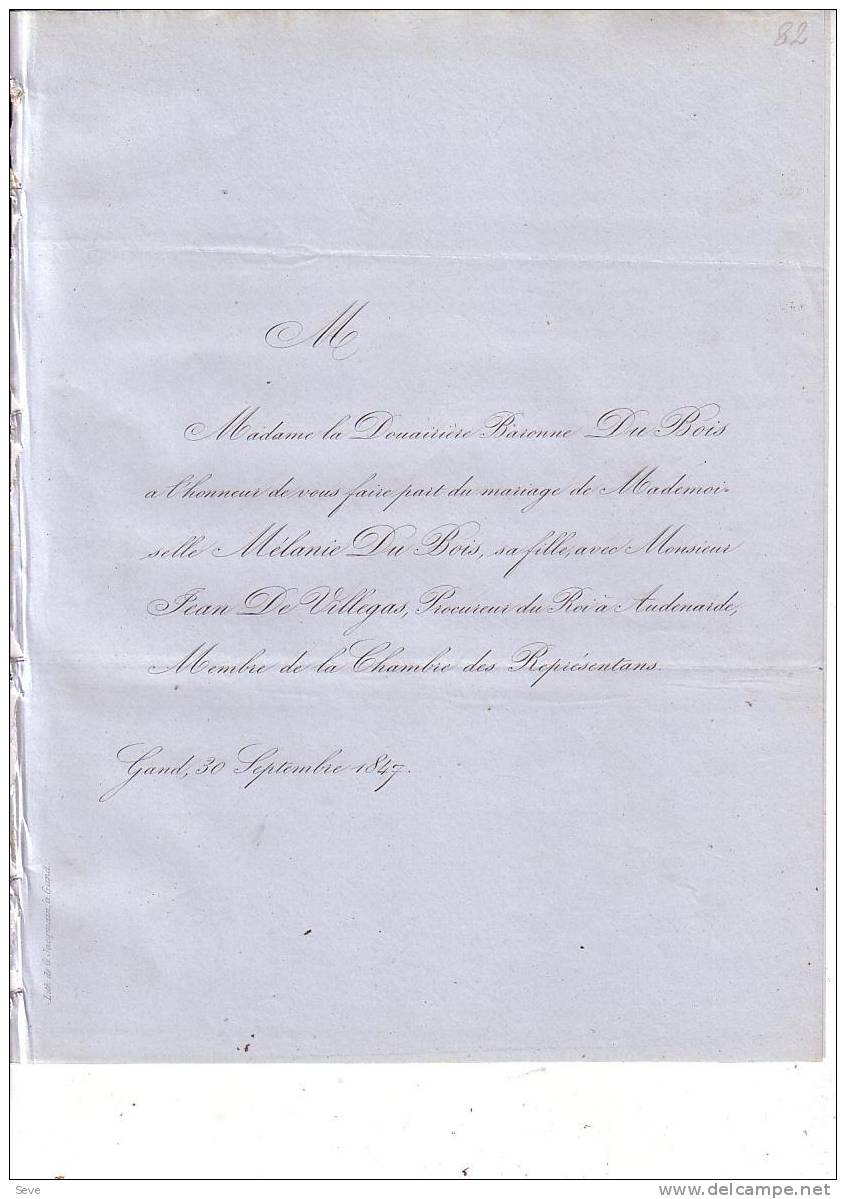 GAND BRUXELLES Mariage 1847 Mélanie DU BOIS, Baronne Et Jean De VILLEGAS Les 2 Faire-parts échangés - Other & Unclassified