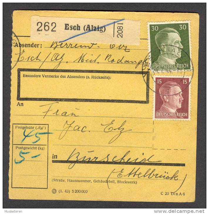 Deutsches Reich Paketkarte Bulletin D'Expedition ESCH (Alzig) (Occupied Luxembourg) 1944 To ETTELBRÜCK Hitler - 1940-1944 Duitse Bezetting