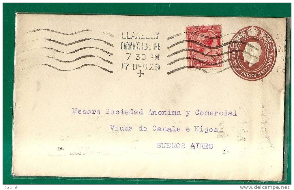 UK - VF UPRATED 1923 ENTIRE COVER From LLANELLY - CARMARTHENSHIRE To BUENOS AIRES - Stamped Stationery, Airletters & Aerogrammes