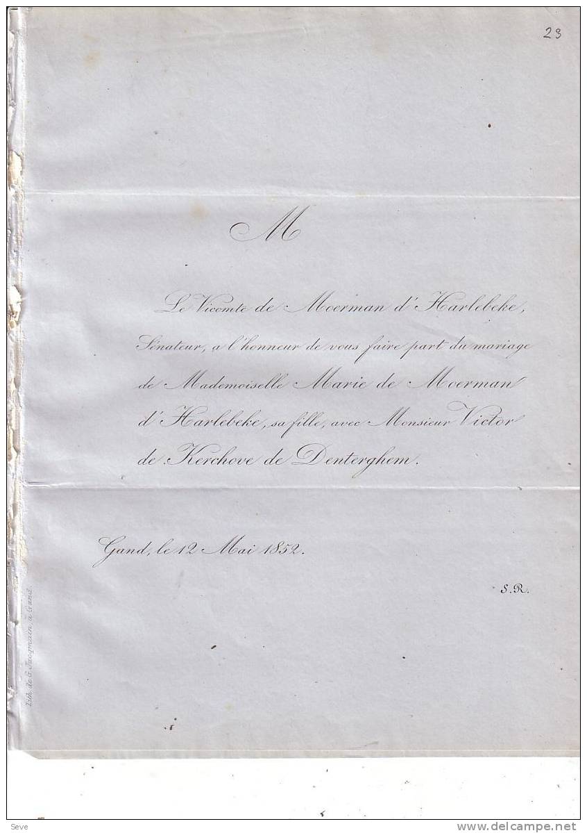 GAND Mariage 1852 De MOERMAN D'HARLEBEKE Marie Et Victor De KERCHOVE De DENTERGHEM Les 2 Faire-parts échangés - Other & Unclassified