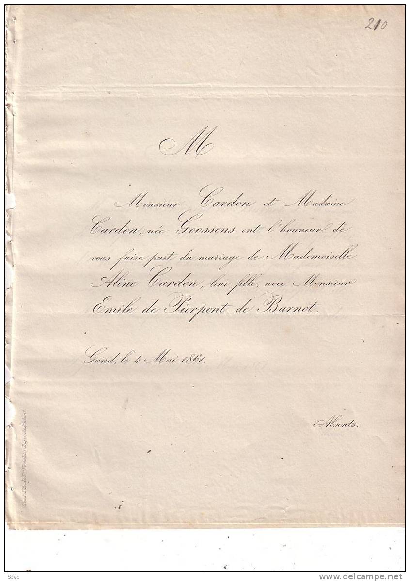 GAND PROFONDEVILLE Mariage 1861 Aline CARDON Et Emile De PIERPONT De BURNOT Les 2 Faire-parts échangés - Other & Unclassified