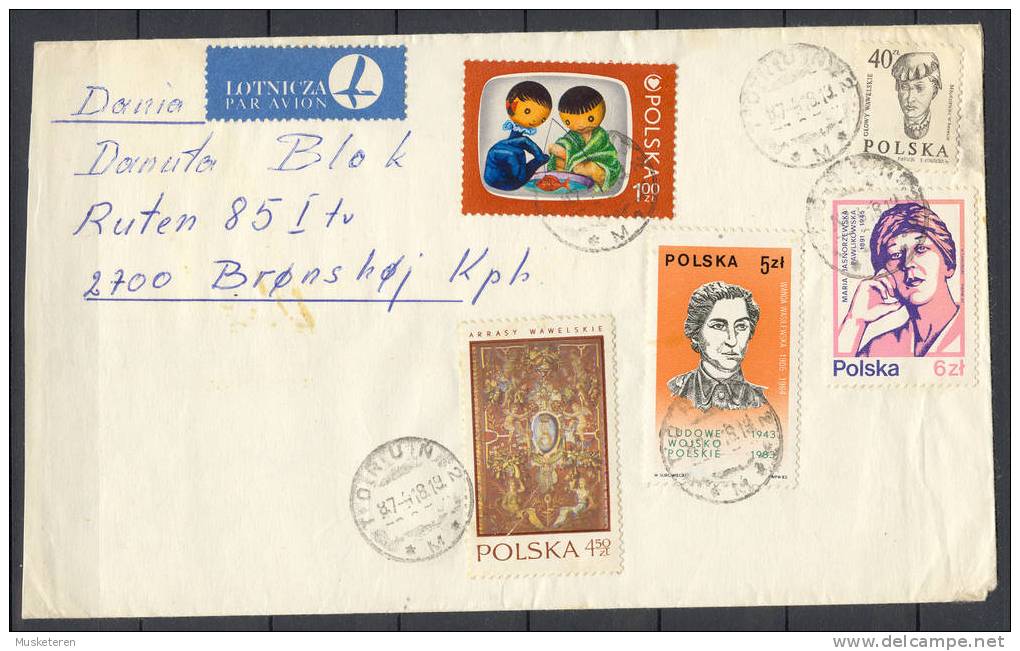 Poland Beauty Mult Franked Lotnicza Par Avion Label Deluxe Torun Cancel 1987 Cover To Denmark - Airplanes