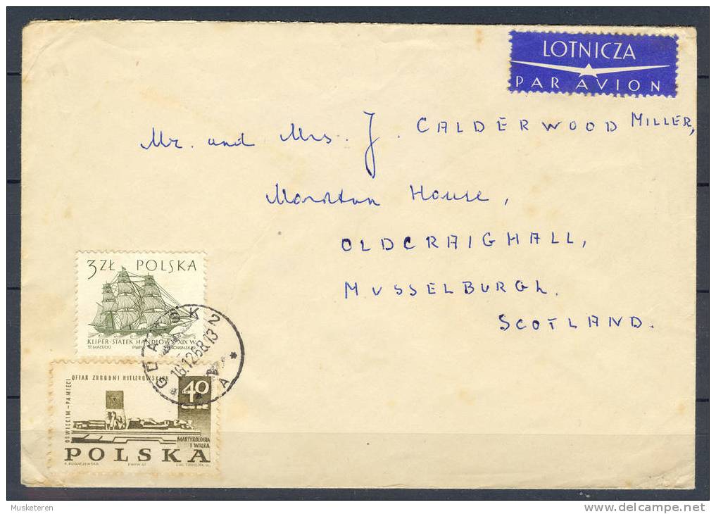Poland Airmail LOTNICZA Par Avion Label 1968 Deluxe Gdansk Cancel Cover To Scotland Clipper Sailship Nice - Airplanes