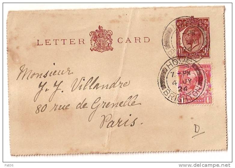 LETTER  CARD - BRIGHTON 1924 - PARIS - Cartas & Documentos