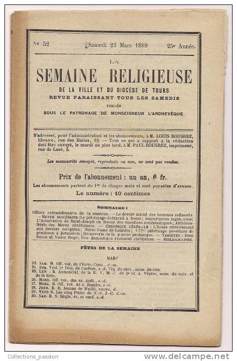 La Semaine Religieuse De TOURS , 37 , 23 Mars 1889 , Publicité , Jerusalem , Victor Hugo - 1900 - 1949