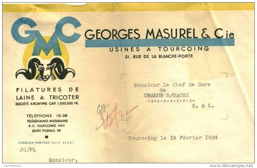 Paix 283 Sur Lettre Des Ets GMC Masurel à Tourcoing , Pour Chalon-sur-Saône - 1932-39 Paix