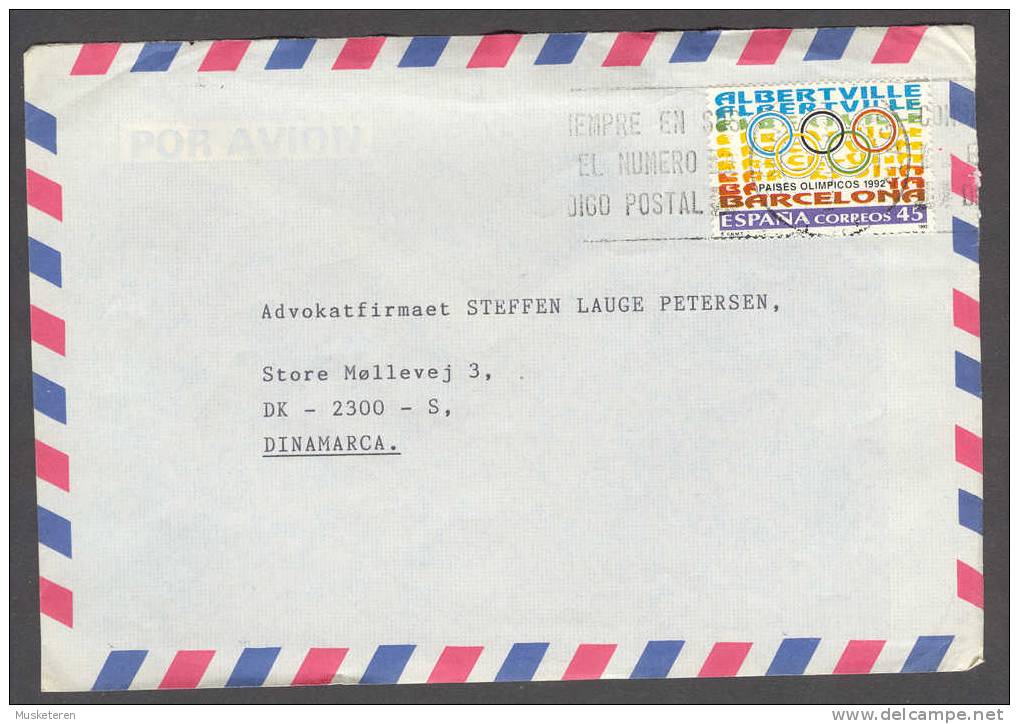 Spain Airmail Por Avion Albertville - Barcelona Issue Stamp 1992 On Cover To Dinamarca - Zomer 1992: Barcelona