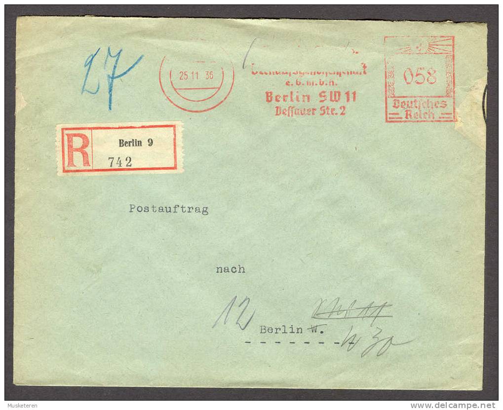 Germany Deutsche Staerkeverkaufsgenossenschaft Einschreiben Registered Berlin Postamt No 9 Labels Meter Stamp 1936 Cover - Macchine Per Obliterare (EMA)