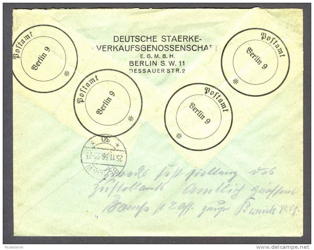 Germany Deutsche Staerkeverkaufsgenossenschaft Einschreiben Registered Berlin Postamt No 9 Labels Meter Stamp 1936 Cover - Franking Machines (EMA)