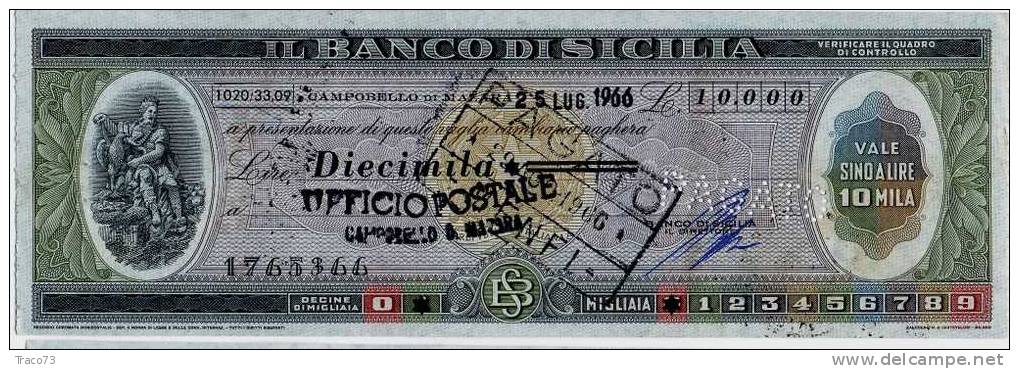 25.07.1966 - VAGLIA CAMBIARIO DEL BANCO DI SICILIA - Taglio Sino A Lire 10 Mila - Andere & Zonder Classificatie