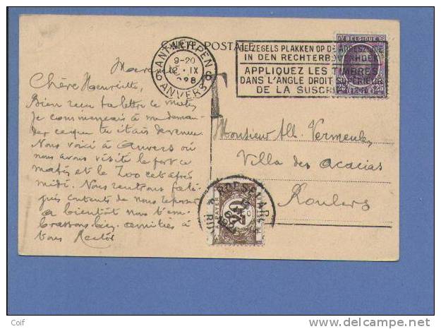 198 Op Kaart Met Stempel ANTWERPEN, Getaxeerd (taxe) TX 34 Met Cirkelstempel ROESELARE - 1922-1927 Houyoux