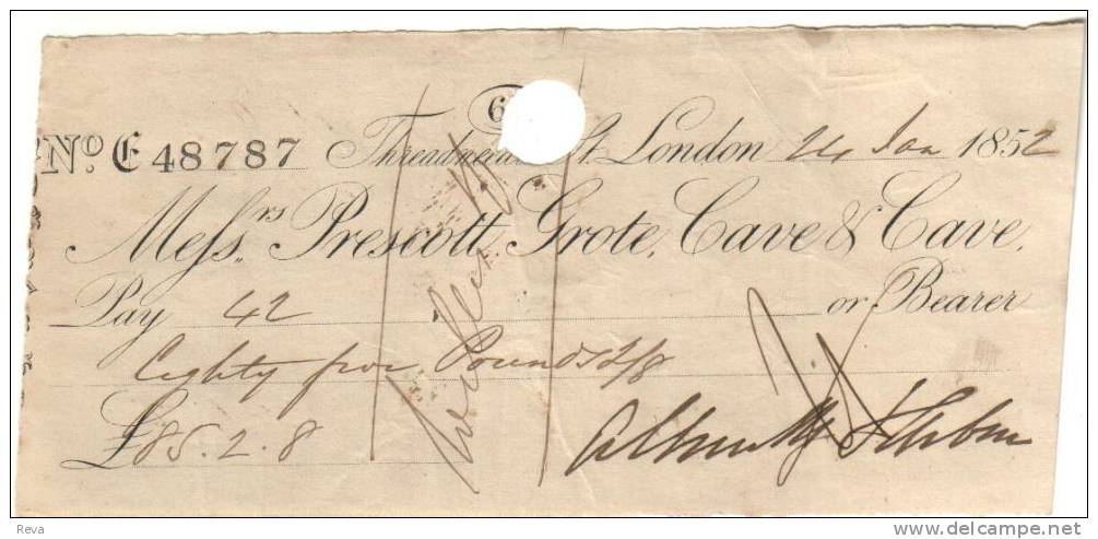 UK GREAT BRITAIN 85 POUNDS  CHEQUE  UINIFACE DATED LONDON 24.01.1852  EF READ DESCRIPTION!! - Altri & Non Classificati