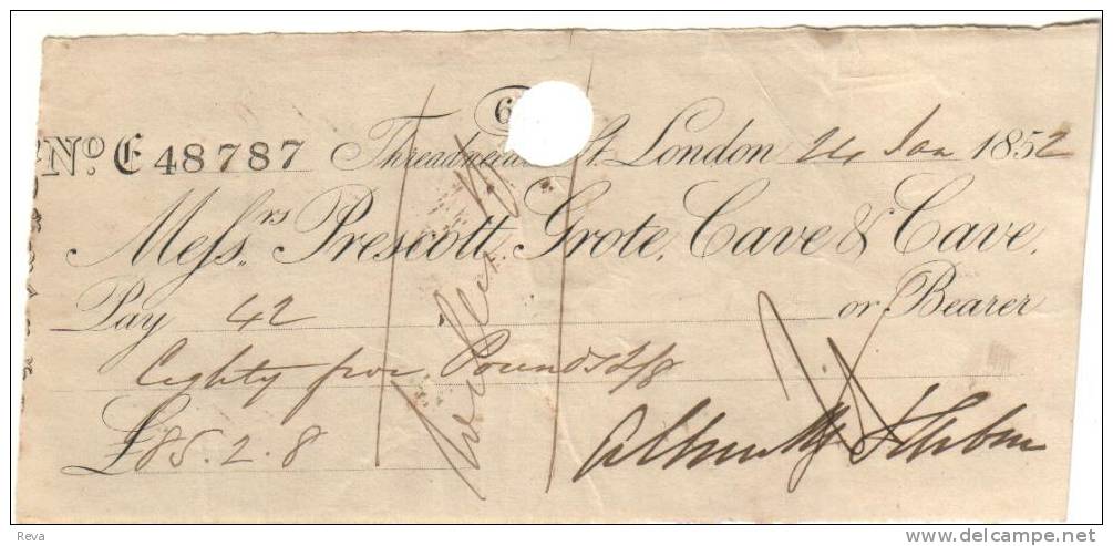 UK GREAT BRITAIN 85 POUNDS  CHEQUE  UINIFACE DATED LONDON 24.01.1852  EF READ DESCRIPTION!! - Other & Unclassified