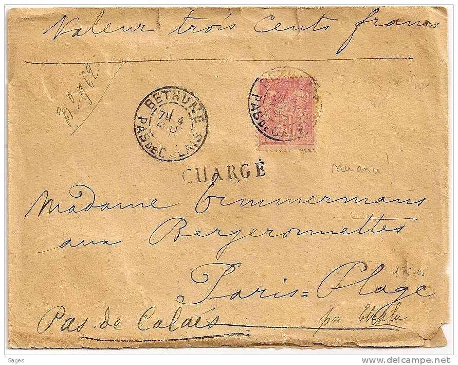 Lettre SAGE, Chargé Et Descriptif En NOIR, BETHUNE, PAS DE CALAIS. - 1877-1920: Periodo Semi Moderno