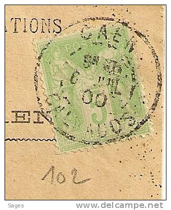 Lettre SAGE, Tarif Papier D'Affaire, CAEN Horaire, Calvados Sur 5c N° 102 ! - 1877-1920: Periodo Semi Moderno