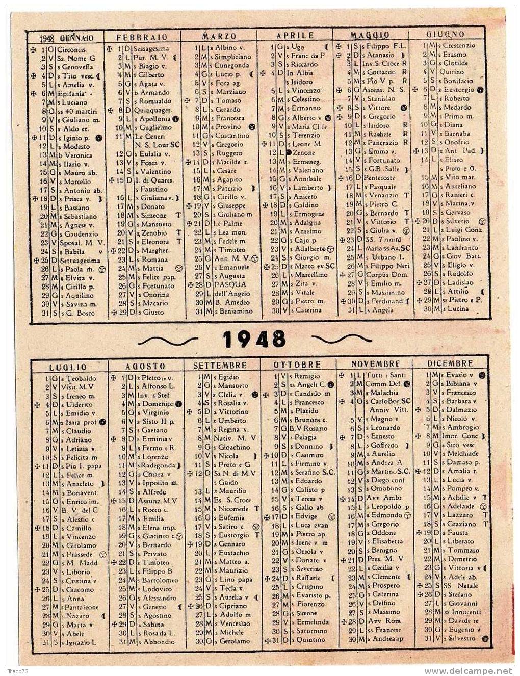 ROMA - Calendario Del Tempio Nazionale Del Perpetuo Suffragio Pro Caduti Di Guerra - 1948 - Tamaño Pequeño : 1941-60