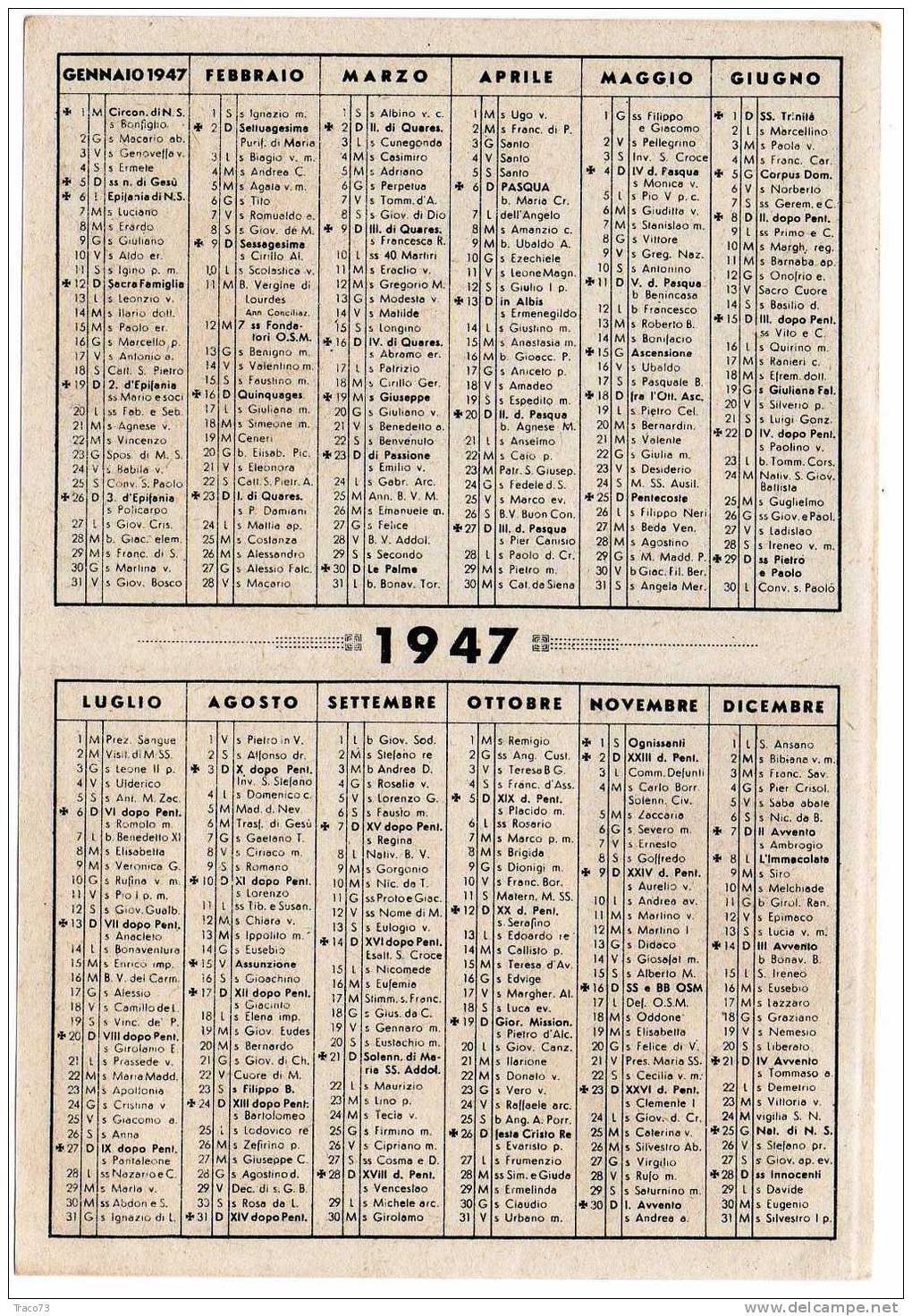 ROMA - Calendario Del Tempio Nazionale Del Perpetuo Suffragio Pro Caduti Di Guerra - 1947 - Formato Piccolo : 1941-60