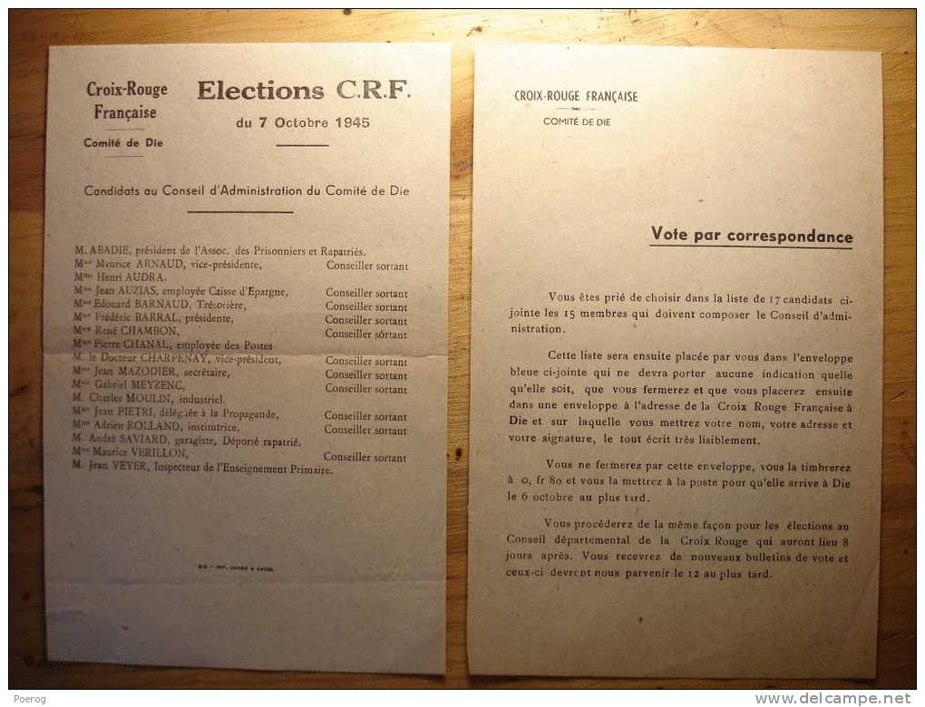 CROIX ROUGE FRANCAISE COMITE DE DIE (DROME) - 2 DOCUMENTS CONCERNANT LES ELECTIONS DU 7 OCTOBRE 1945 - Collections