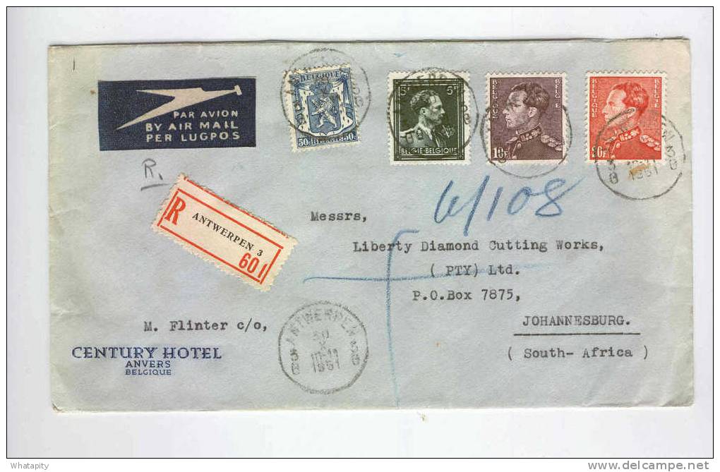 Lettre RECO PAR AVION TP Poortman Et Divers ANTWERPEN 1951 Vers Afrique Du Sud  - TARIF 35 F 50  --  KK522 - 1936-51 Poortman