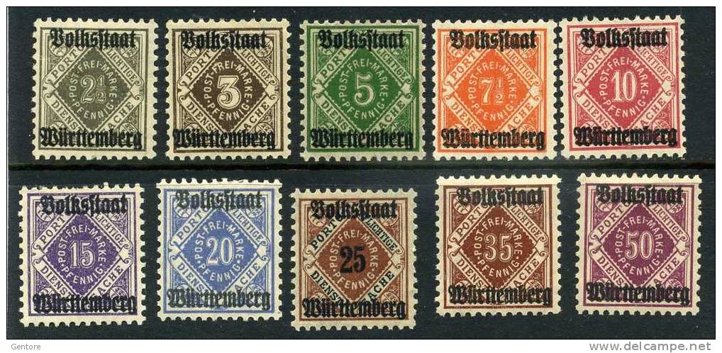 1919 WURTTEMBERG Dienstmarken Cpl Set Of 10 Value Michel Cat N° 134/43 Mint Hinged - Sonstige & Ohne Zuordnung