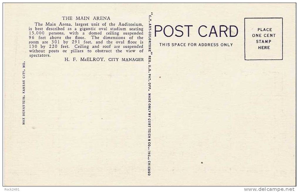 45 The Main Arena, Municipal Auditorium Kansas City MO Curteich 7A-H742 1937 Unused - Otros & Sin Clasificación