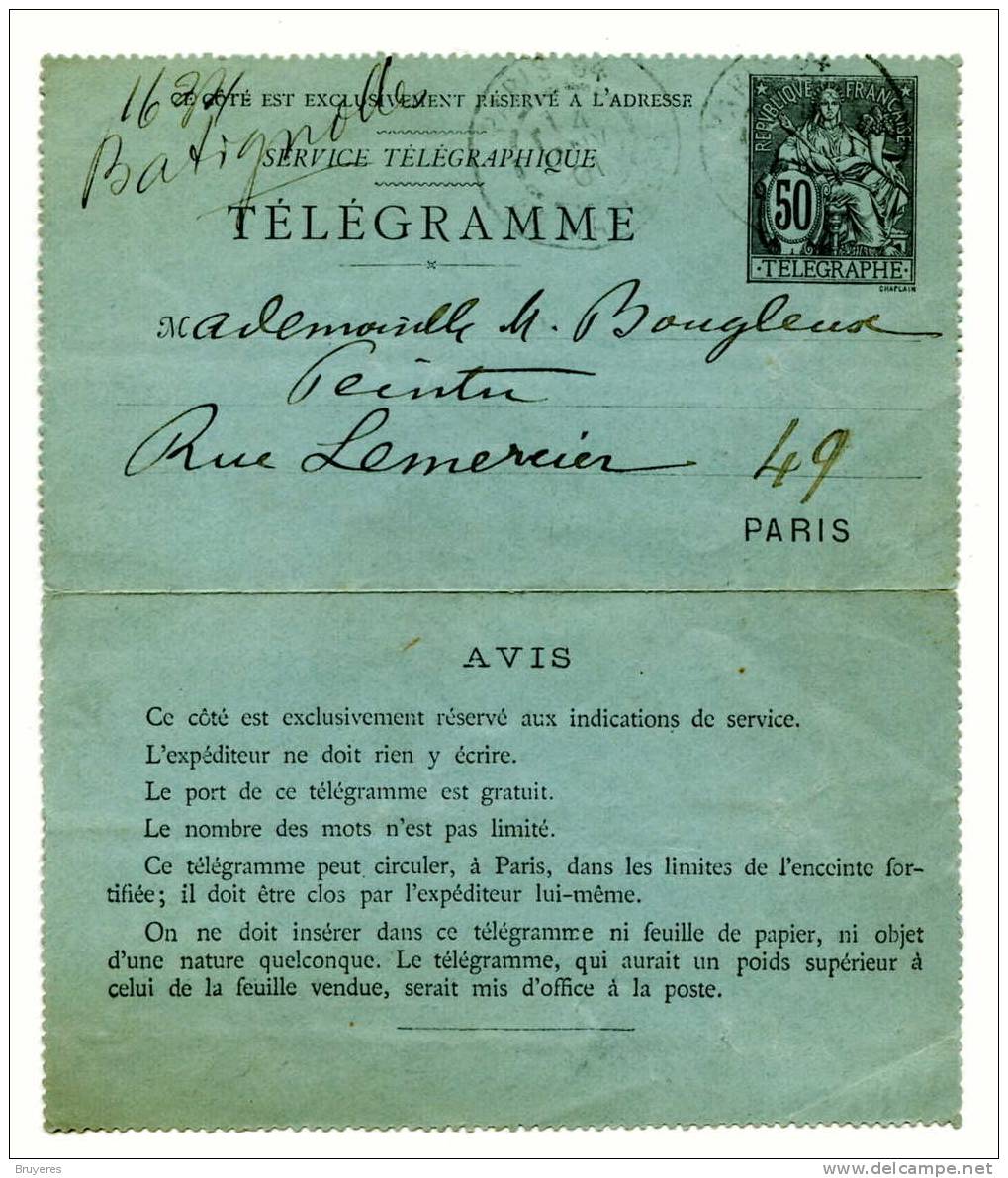 Télégramme Avec Timbre 50 C.noir Ayant Circulée (1901) - Pneumatische Post