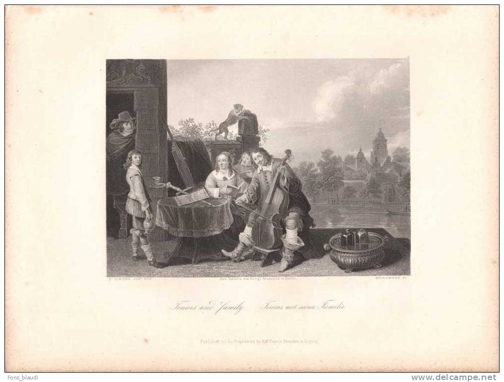 David TENIERS Le Jeune (1610-1690) Téniers Et Sa Famille (Violoncelle) - Gravure Sur Acier De 1867 - FRANCO DE PORT - Estampes & Gravures