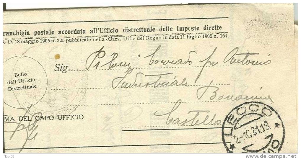 PIEGO  POSTALE  IN FRANCHIGIA - SPEDITO DA  LECCO A  CASTELLO  SOPRA. 1931 . - Franchise