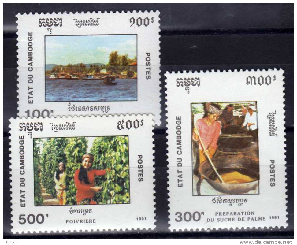 Wirtschaft Hafen Zuckerfabrik Pfeffer-Anbau 1991 Kambodscha 1261/3 Plus Paar ** 18€ Zucker Fischerei Set From Cambodge - Kampuchea