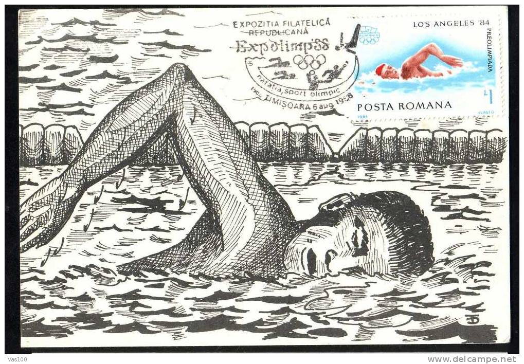 Romania 1988 Olympic Games,maximum Card With Natation SWIMMING. - Sommer 1984: Los Angeles
