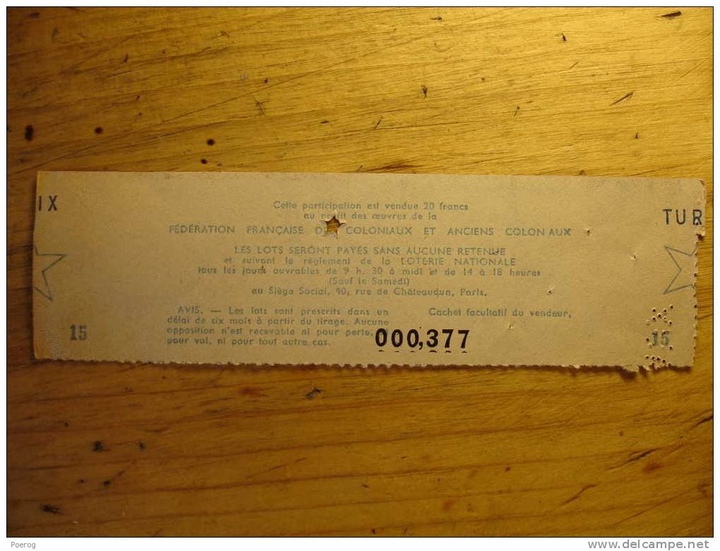 ANCIEN BILLET DE LOTERIE DE 1944 - LES COLONIAUX - Avec Son Timbre - H. Robert - Tourcoing - Loterijbiljetten