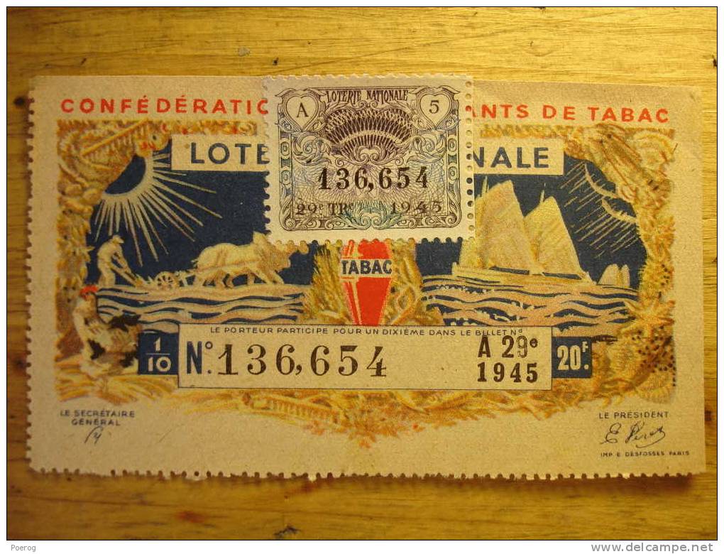 ANCIEN BILLET DE LOTERIE DE 1945 - A-29ème N°136654 Avec Son TIMBRE Confédération Débitants De Tabac - Ticket De Loterie - Lottery Tickets