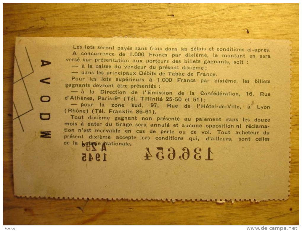 ANCIEN BILLET DE LOTERIE DE 1945 - A-29ème N°136654 Avec Son TIMBRE Confédération Débitants De Tabac - Ticket De Loterie - Loterijbiljetten